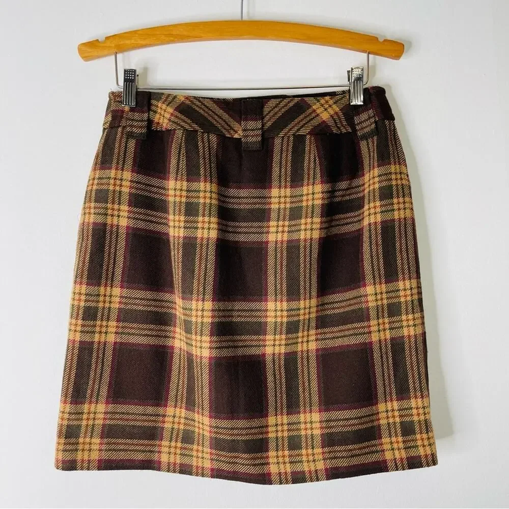 Loft brown tan red wool plaid preppy academia pocket skirt 8